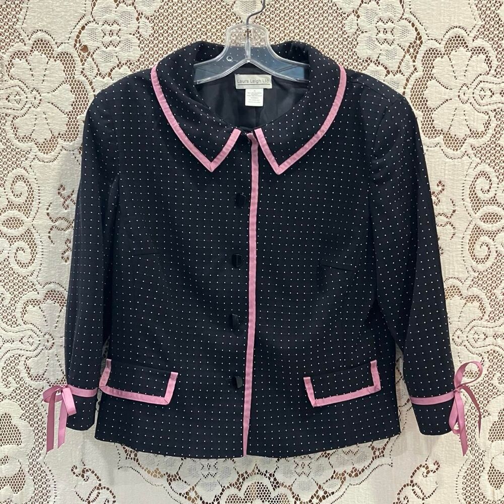VTG Black & White Textured Polka Dot Blazer Suit Jacket with Pink Ribbon Trim